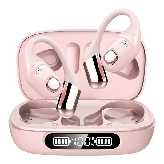 2B2C Open Ear Earbuds Bluetooth 5.3 Wireless Air Conduction Headphones with Mic LED Display Charging Case&Fast Charging Ultra-Light Weight 80H Playtime Earbuds for Work Sports (Pink)