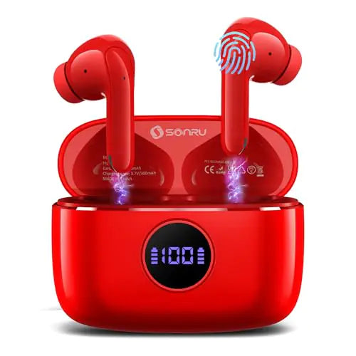SONRU Wireless Earbuds Bluetooth 5.3 Headphones in-Ear MIC Earphones Hi-Fi Stereo 40H Playback USB-C LED Power Display Charging Case IPX7 Waterproof Bluetooth Earbuds for Laptop Android/iOS Phones-Red